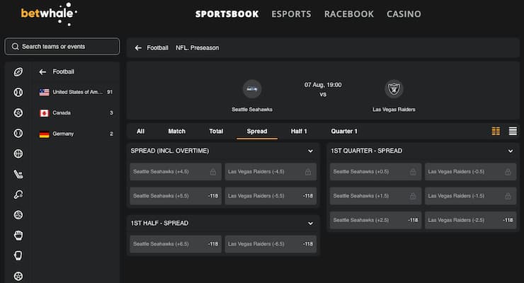 An image of alternate spreads on an NFL game at BetWhale.